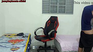 Half-sister strips by bro's side! He pounds her tight pussy on gamer chair doggystyle