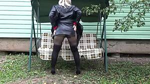 Sexy milf secretary strips pantyhose showing dirty big ass belly legs naked solo!