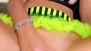 Real lesbian amateurs sneak backstage fuck after wet shower clothed pov threesome