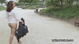 Latina babe flashes shaved pussy public before monster cock pounds her