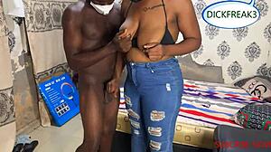 delivery guy rips ebony slut's jeans for juicy quickie creampie