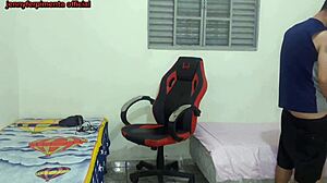 Half-sister strips by bro's side! He pounds her tight pussy on gamer chair doggystyle