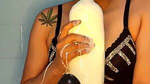 horny colombian squirts hard with dildo in steamy shower play