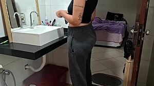 Boss blackmails busty housewife maid bent over bathroom pussy lick while wife sunbathes outside