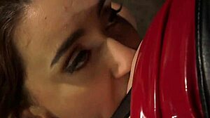 Busty lezdom pounds gagged slave's ass in hardcore bondage