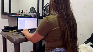 SECRETARY's big tits and ass seduce boss for rough creampie pounding close-up