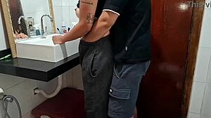 Boss blackmails busty housewife maid bent over bathroom pussy lick while wife sunbathes outside
