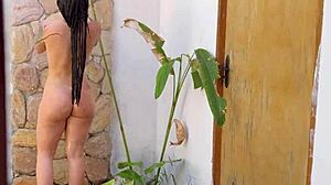 Caught Friend's Big Tits Ass Naked in Garden Shower on Phone