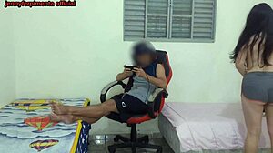 Half-sister strips by bro's side! He pounds her tight pussy on gamer chair doggystyle