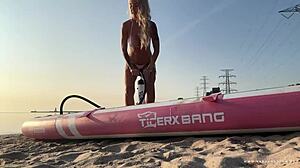 blonde milf does sup yoga in bikini, lush wet pussy public cum