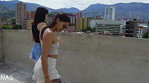 exhibitionist sluts kiss on rooftop fucked hard by construction worker