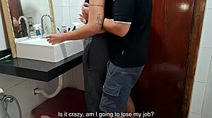 Boss blackmails busty housewife maid bent over bathroom pussy lick while wife sunbathes outside