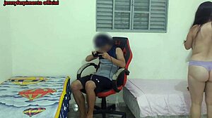 Half-sister strips by bro's side! He pounds her tight pussy on gamer chair doggystyle