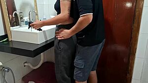 Boss blackmails busty housewife maid bent over bathroom pussy lick while wife sunbathes outside