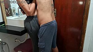 Boss blackmails busty housewife maid bent over bathroom pussy lick while wife sunbathes outside