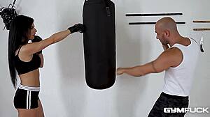 Fuck me harder in the gym, begs long-haired Inna Innaki as trainer unloads cum