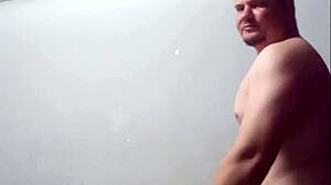 Bodybuilder flexes huge arms while pounding stepmom's tight pussy and filling her with cum