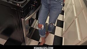 Stunning teen stepsis bends over kitchen counter for taboo fuck learning to cook