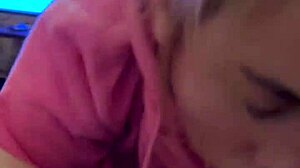 Skinny blonde gags deep on cock for hoodie cumshot
