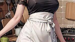 Ai blonde maid in skirt uniform cooks food with upskirt tease