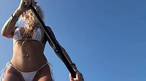 blonde milf does sup yoga in bikini, lush wet pussy public cum