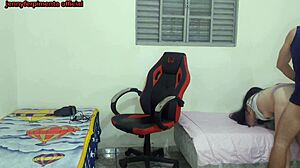 Half-sister strips by bro's side! He pounds her tight pussy on gamer chair doggystyle