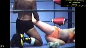 Nude mixed wrestling turns into raw body slamming dominance