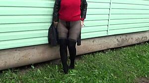Sexy milf secretary strips pantyhose showing dirty big ass belly legs naked solo!