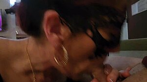 Curvy brunette gives hotel daddy sloppy blowjob with piercing and full swallow