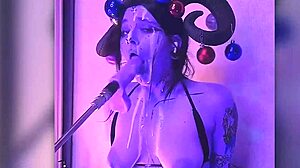 devil cosplay babe filled with cum moans passionately deepthroating huge dildo machine fucking