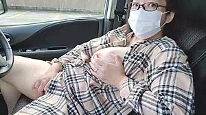 Married Chubby Bride Toys Her Fat Tits in Car Ride