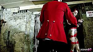 slim redhead's fake tits bounce as huge cock fills her tight pussy!