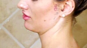 gorgeous blonde steps into steamy shower revealing her petite curves