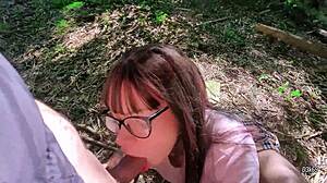 plaid skirt nerd babe teases outdoors then deepthroats for mouth creampie in forest