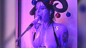 devil cosplay babe filled with cum moans passionately deepthroating huge dildo machine fucking