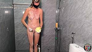 Horny Tanned Wife Squirts Wild in Shower with Huge Vibrator Orgasms