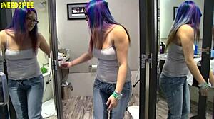 Hot Girls Desperately Wet Tight Jeans and Spandex While Needing to Pee