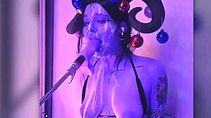 devil cosplay babe filled with cum moans passionately deepthroating huge dildo machine fucking