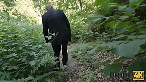 bride cheats wedding day. black stud bends her over forest doggystyle