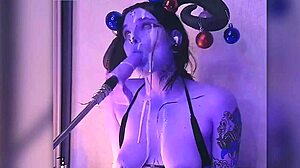 devil cosplay babe filled with cum moans passionately deepthroating huge dildo machine fucking