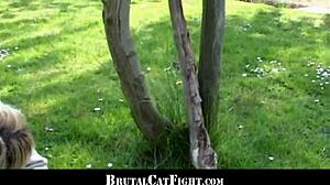 slutty blondes brawl hard before group cock sucking frenzy