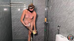 Horny Tanned Wife Squirts Wild in Shower with Huge Vibrator Orgasms