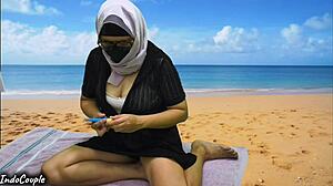 hijab muslim babe risks public beach fuck with stranger under the sun