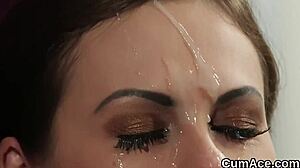 Horny Kitten Gulps Jizz from Blowbang Facial Cumshot Swapping