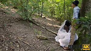bride cheats wedding day. black stud bends her over forest doggystyle