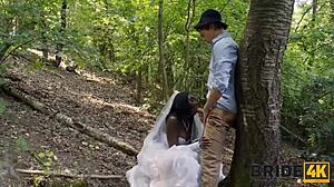 bride cheats wedding day. black stud bends her over forest doggystyle