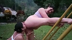 horny latina milfs do yoga then lick big pussies and tits wildly