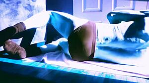 sped up winter stretching in briefs roller on floor for sun relief