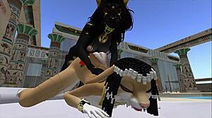 Lady bastet commands her egyptian servant girl in bunny play