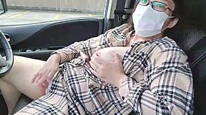 Married Chubby Bride Toys Her Fat Tits in Car Ride